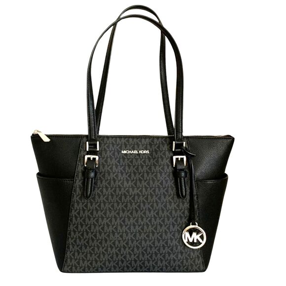 Michael Kors Handbags - Michael Kors Charlotte Large Tote Gray Monogram and Black Leather